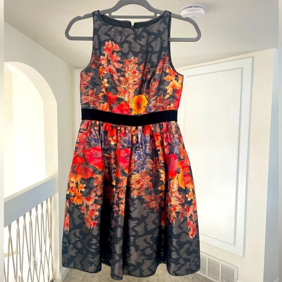 Adrianna Papell Black and Red Floral Midi Dress - Picture 1 of 5